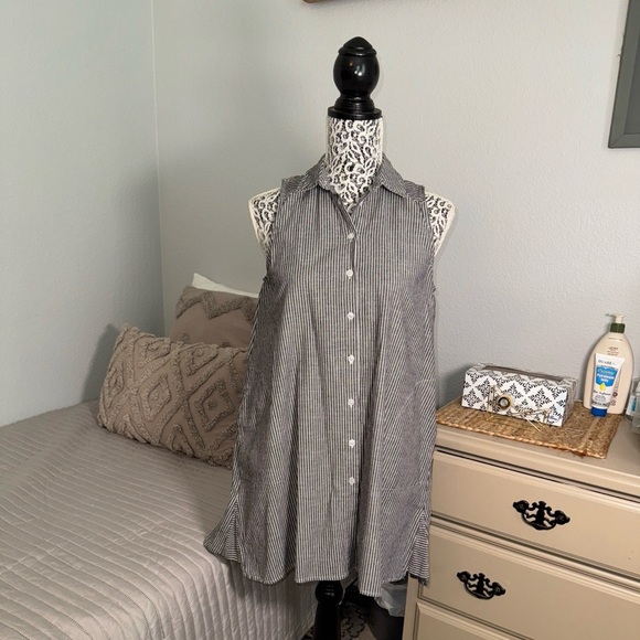 Mod Ref 100% cotton Linen look grayish black & white striped dress Sz small - Picture 1 of 11